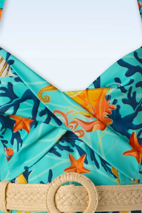 Coral Reef Halter Flare Jurk In Blauw-Vixen Store