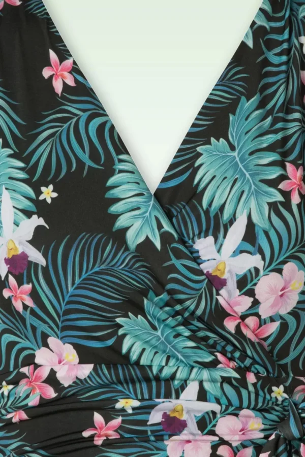 Irene Tropische Gebloemde Overslagswingjurk In Zwart-Vintage Chic for Topvintage Best Sale